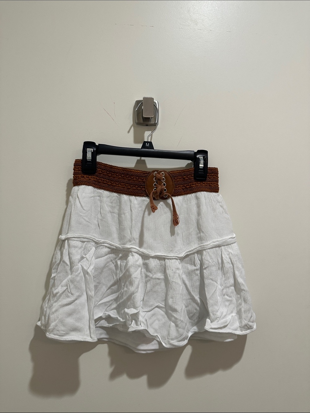 White Tiered Skirt with Brown Waistband